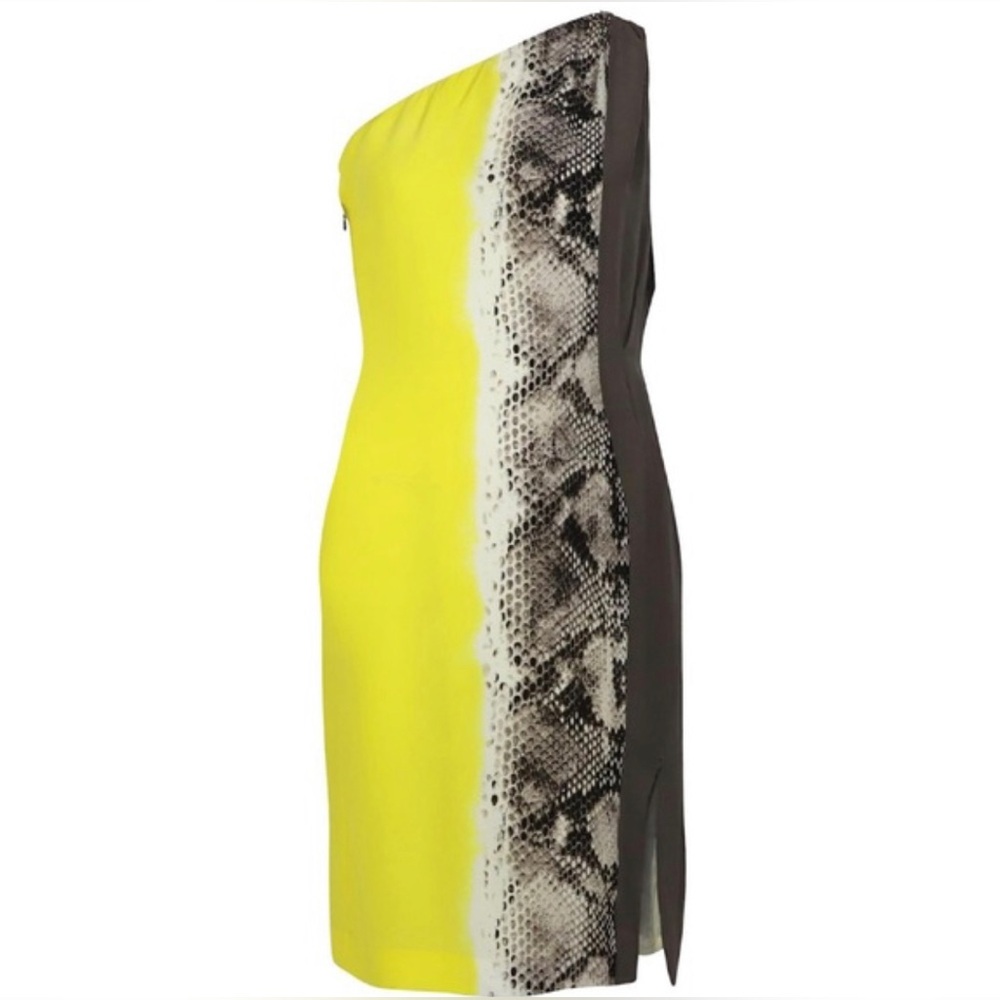 Roberto Cavalli Just Cavalli One Shoulder Snake Print Dress in Yellow Silk